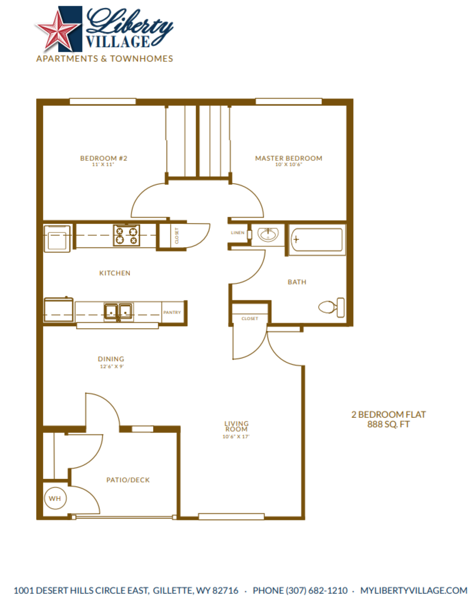 Floor plan for 2 beds, 1 bath, 888 sqft